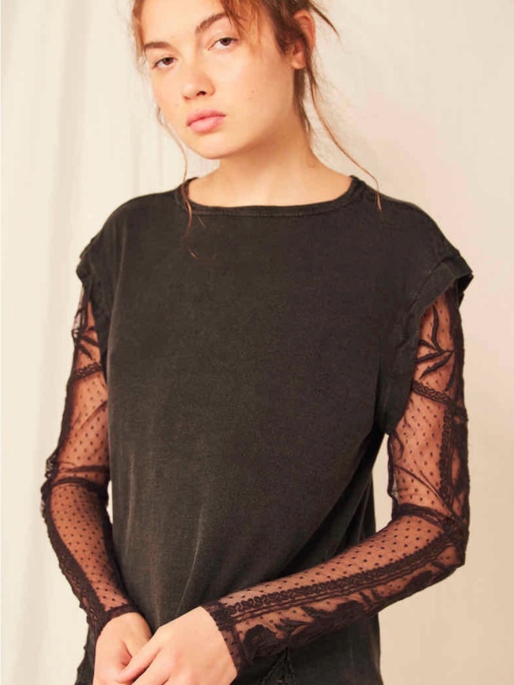 Free People Charcoal Black Lace-Sleeve Long Sleeve Tee